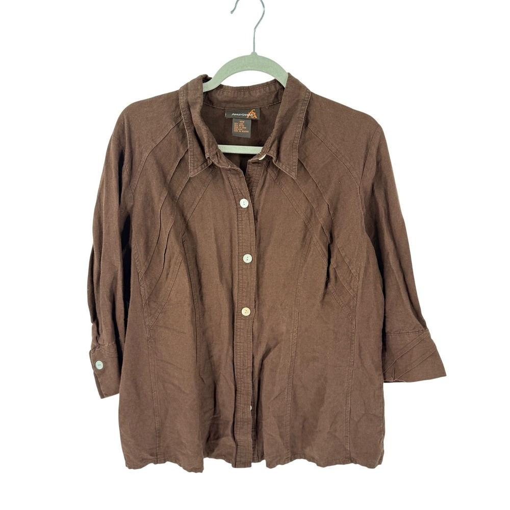 Vintage Linen Blend Brown Button Down 16W Pintuck 3/4 Sleeve Earthy Minimalist